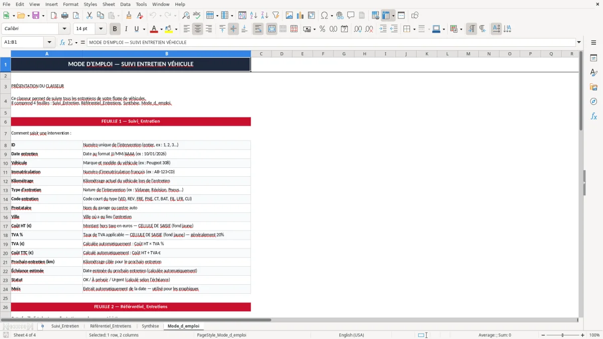 Capture 4 : onglet Mode_d_emploi - Modèle Excel suivi entretien véhicule