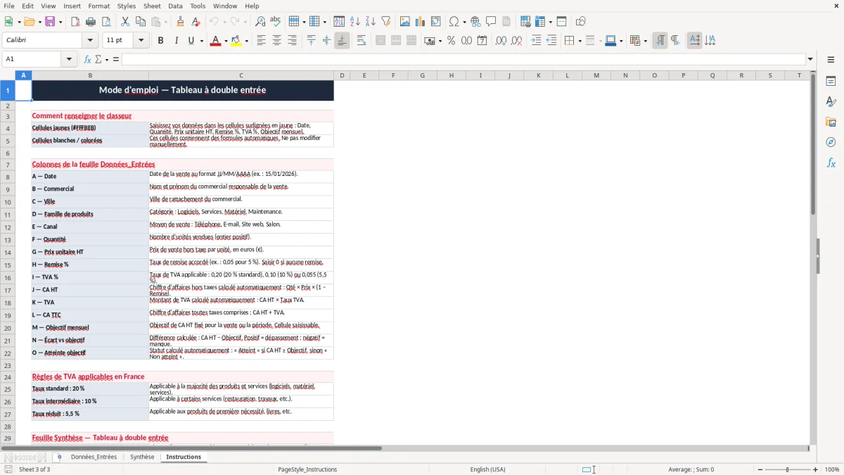 Capture 3 : onglet Instructions - Modèle Excel tableau à double entrée
