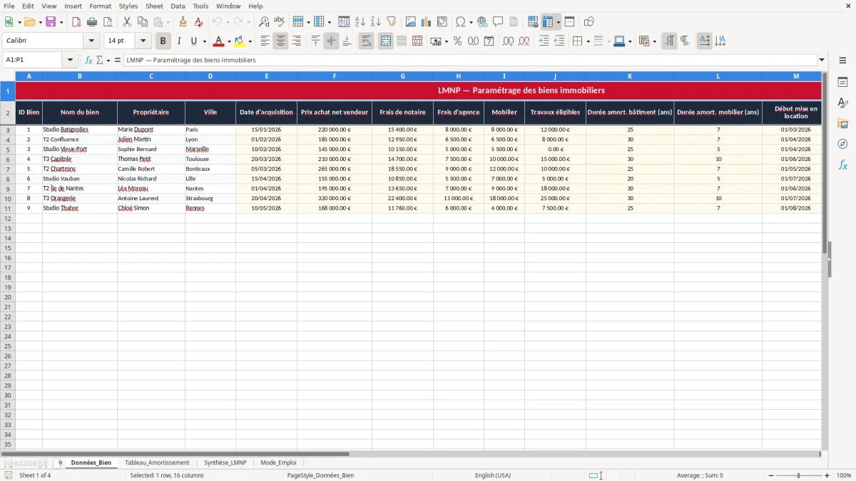 Capture 1 : onglet Données_Bien - Modèle Excel tableau amortissement LMNP
