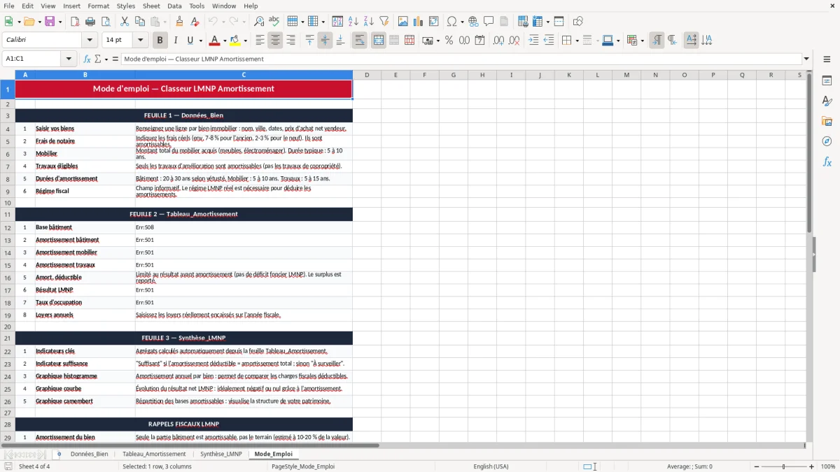 Capture 4 : onglet Mode_Emploi - Modèle Excel tableau amortissement LMNP