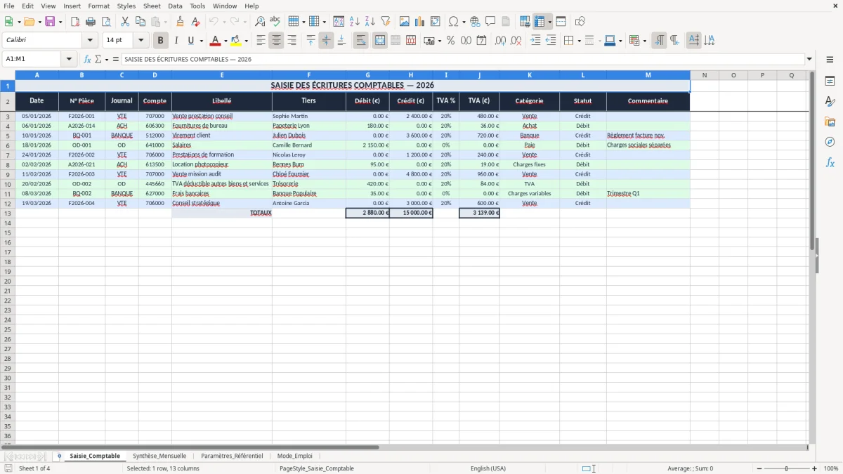 Capture 1 : onglet Saisie_Comptable - Modèle Excel tableau comptable