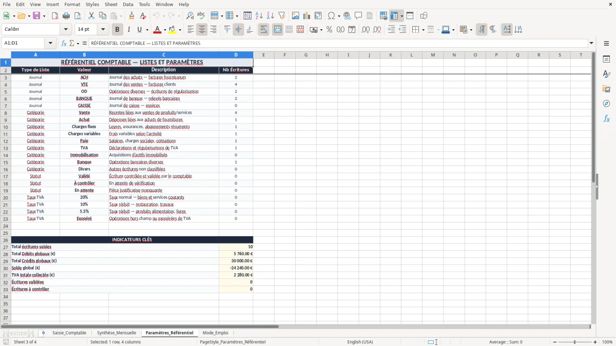 Capture 3 : onglet Paramètres_Référentiel - Modèle Excel tableau comptable