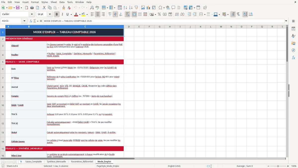 Capture 4 : onglet Mode_Emploi - Modèle Excel tableau comptable