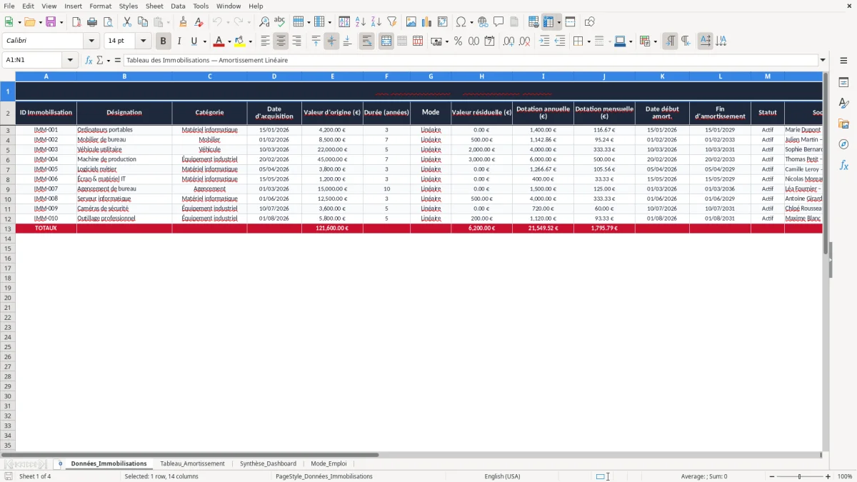 Capture 1 : onglet Données_Immobilisations - Modèle Excel tableau d'amortissement linéaire
