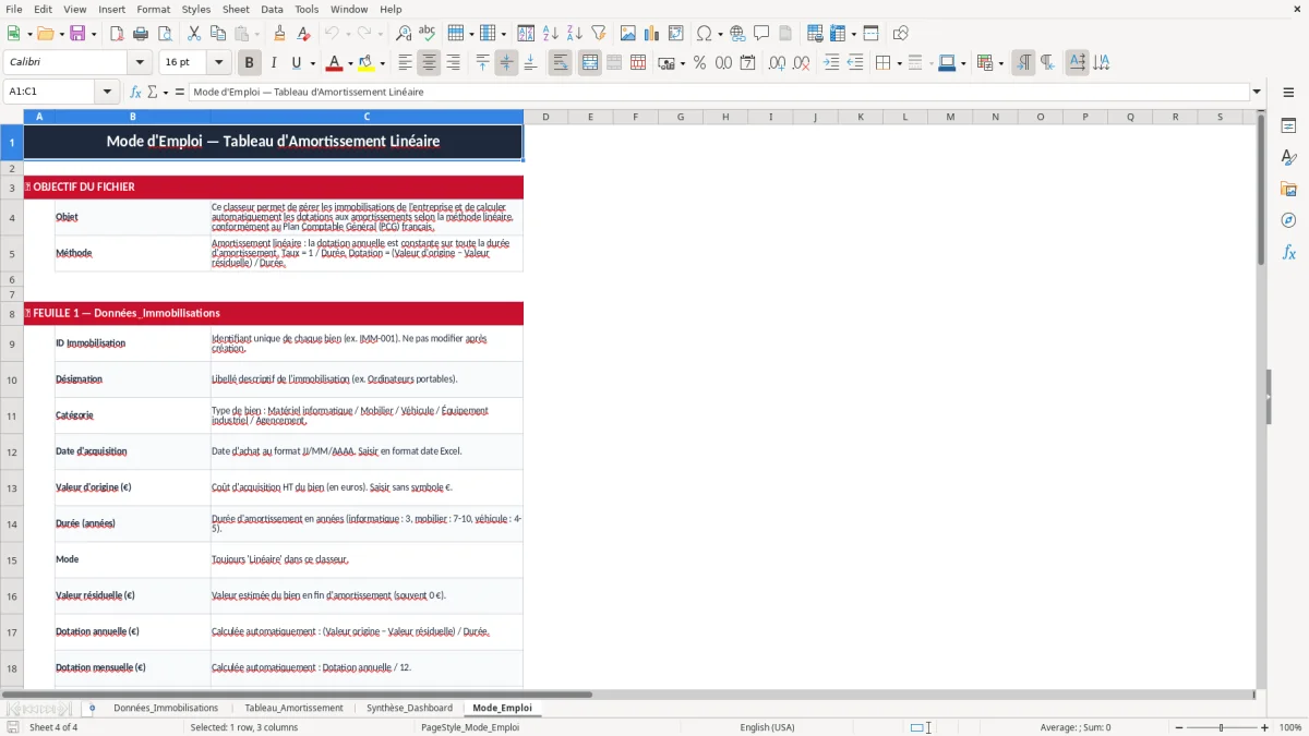 Capture 4 : onglet Mode_Emploi - Modèle Excel tableau d'amortissement linéaire
