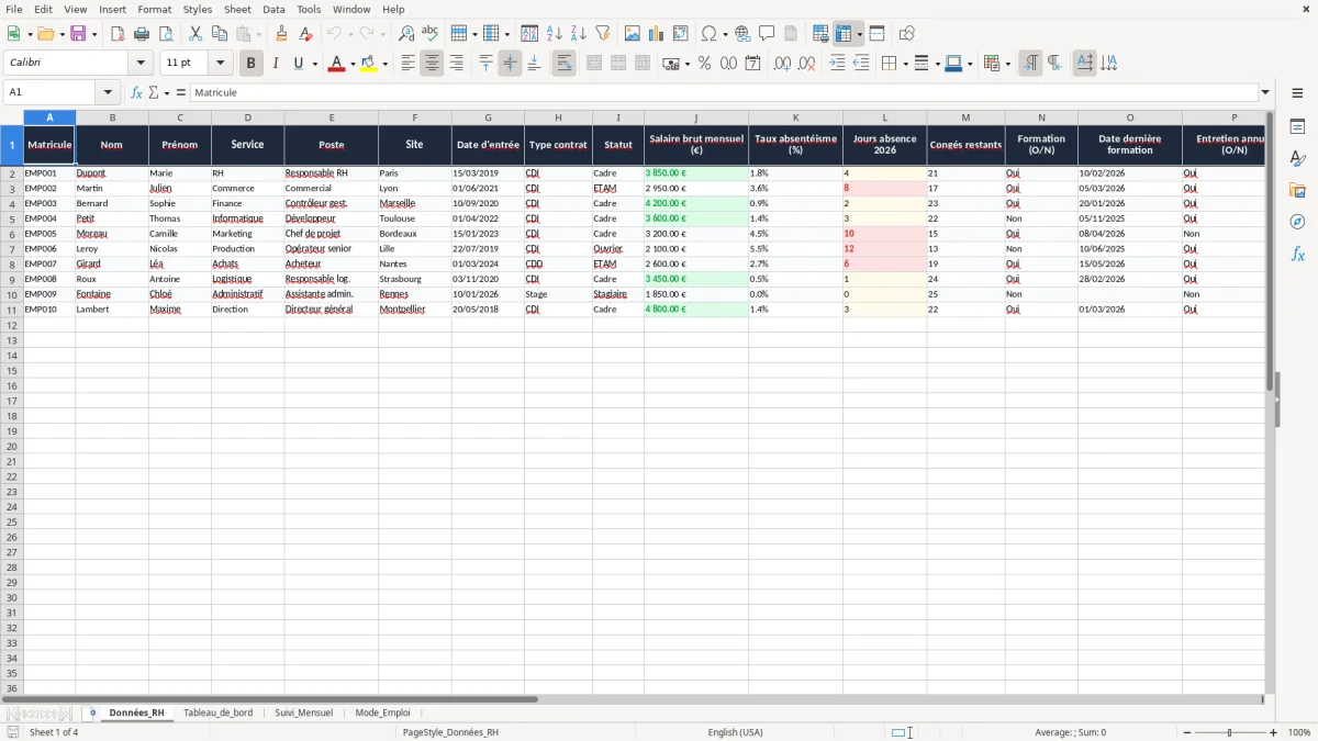 Capture 1 : onglet Données_RH - Modèle Excel tableau de bord RH