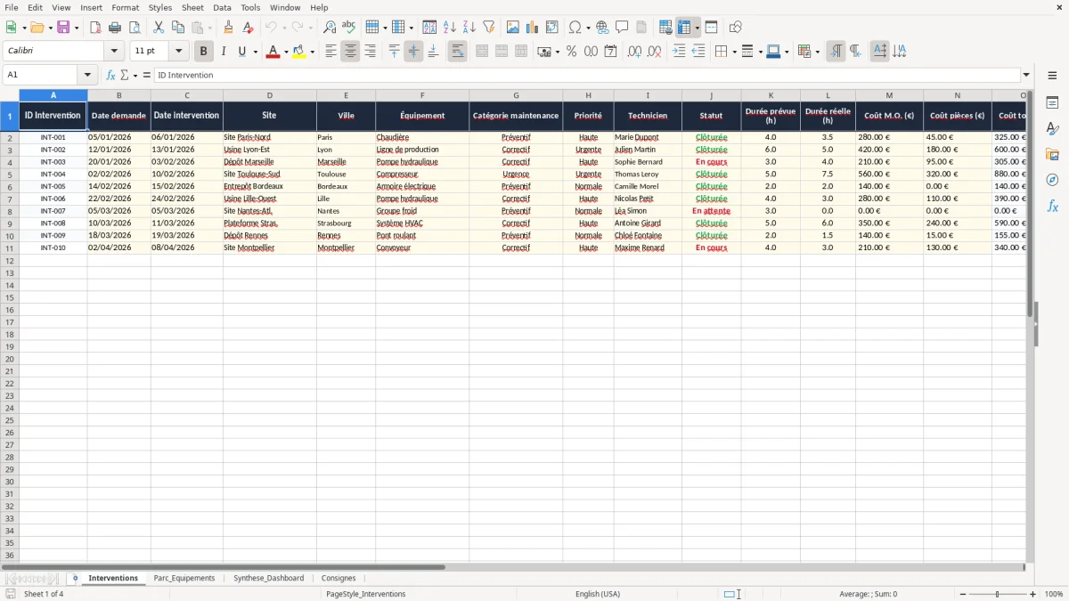 Capture 1 : onglet Interventions - Modèle Excel tableau de bord maintenance