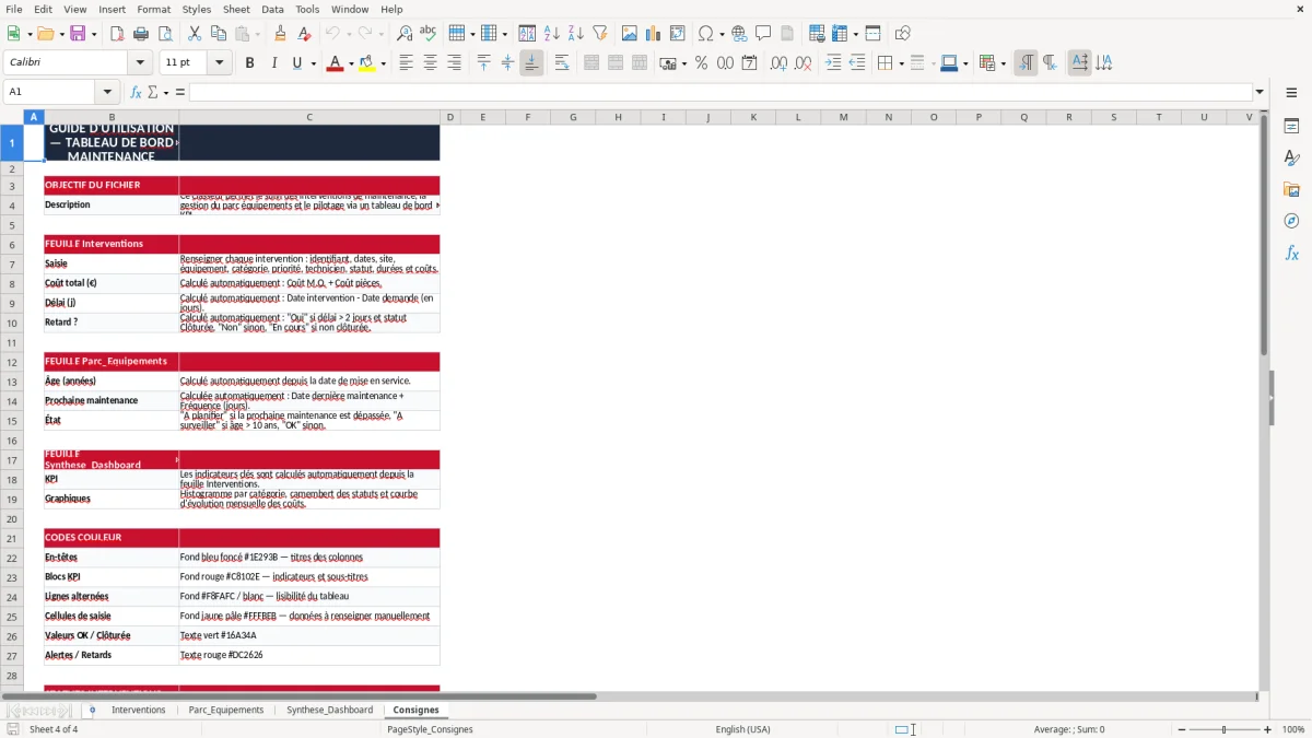 Capture 4 : onglet Consignes - Modèle Excel tableau de bord maintenance