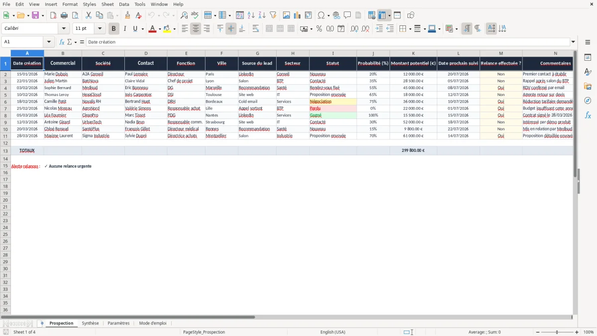 Capture 1 : onglet Prospection - Modèle Excel tableau de prospection commerciale