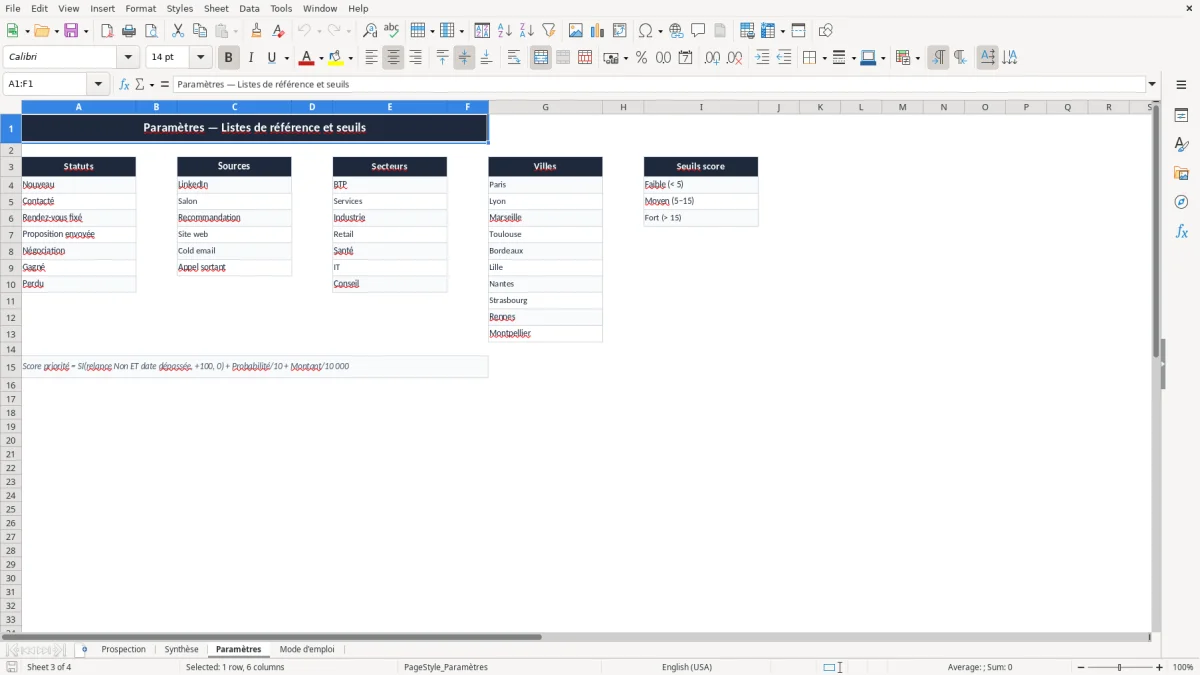 Capture 3 : onglet Paramètres - Modèle Excel tableau de prospection commerciale