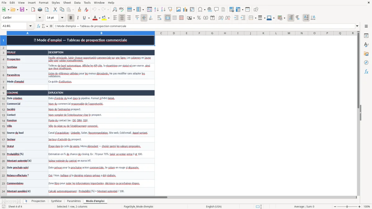 Capture 4 : onglet Mode d'emploi - Modèle Excel tableau de prospection commerciale