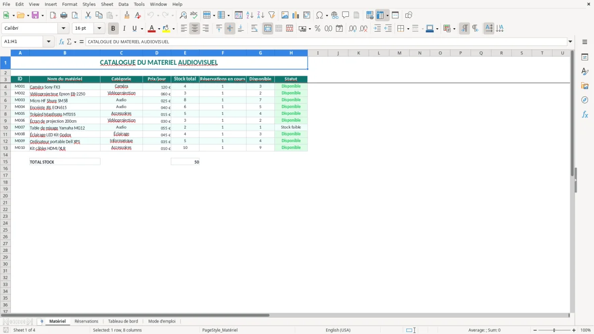 Capture 1 : onglet Matériel - Modèle Excel tableau de réservation du matériel audiovisuel Excel