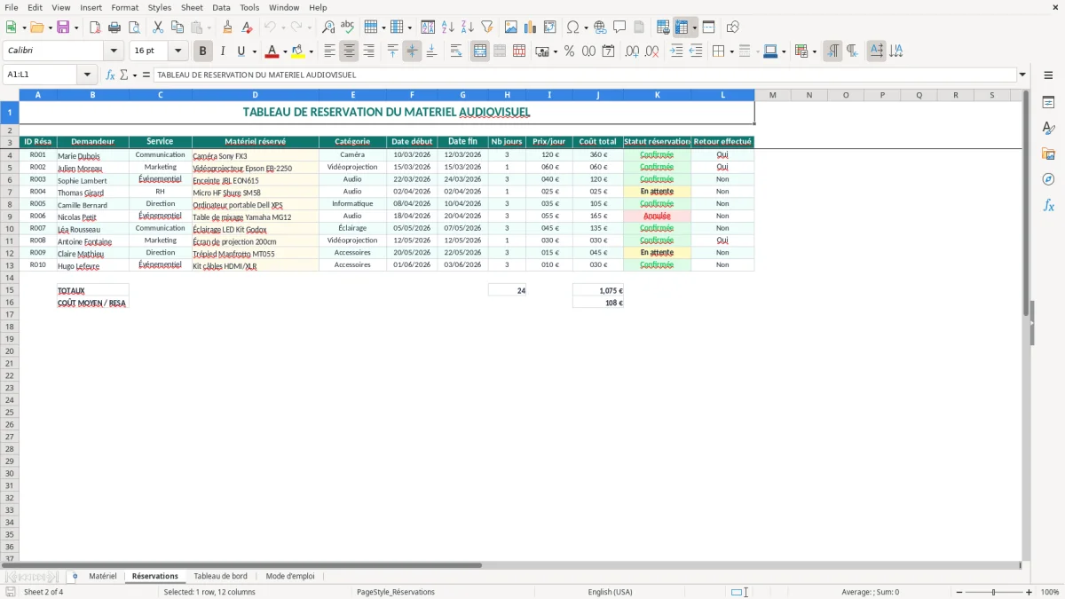 Capture 2 : onglet Réservations - Modèle Excel tableau de réservation du matériel audiovisuel Excel