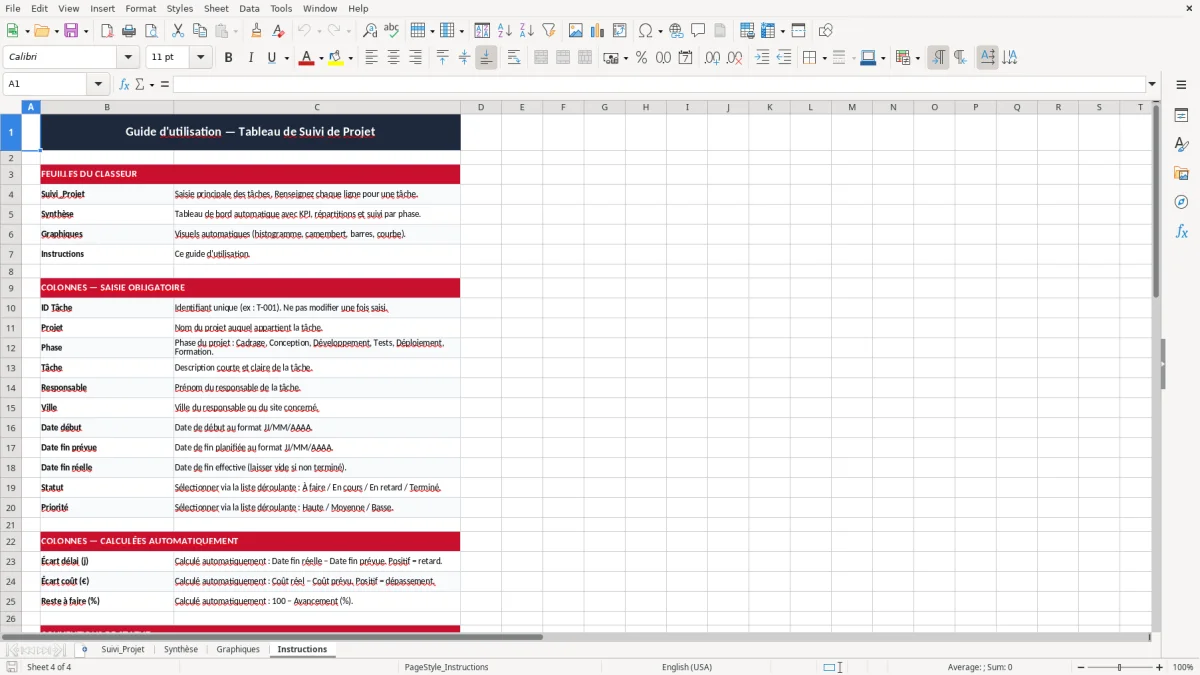 Skærmbillede 4: fanen Instructions - Excel-skabelon tableau de suivi de projet