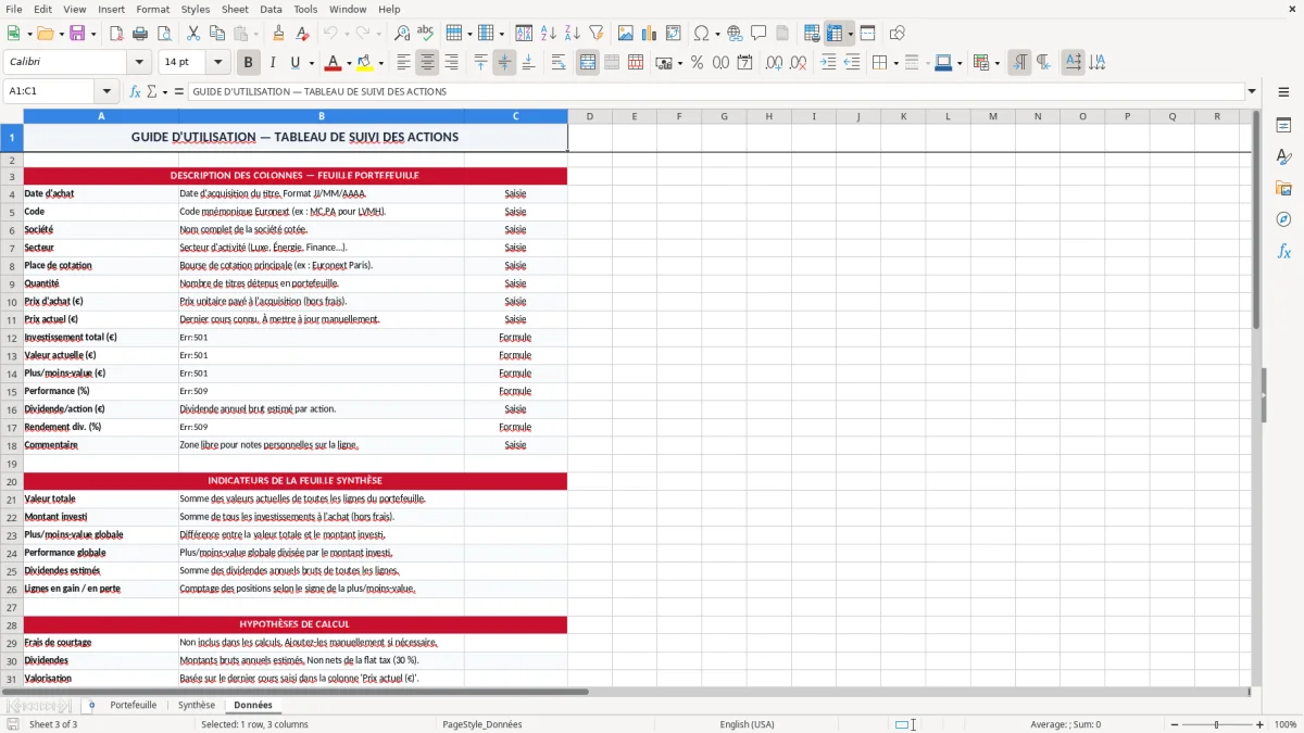 Capture 3 : onglet Données - Modèle Excel tableau de suivi des actions