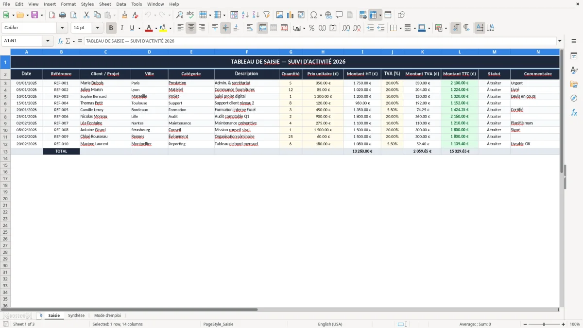 Capture 1 : onglet Saisie - Modèle Excel tableau vierge Excel