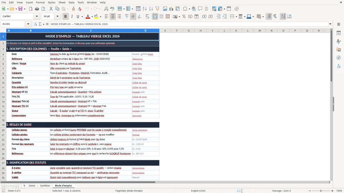 Capture 3 : onglet Mode d'emploi - Modèle Excel tableau vierge Excel