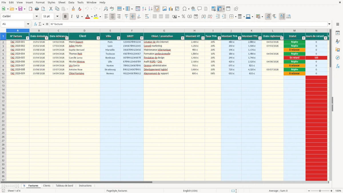 Capture 1 : onglet Factures - Modèle Excel modèle excel suivi facturation