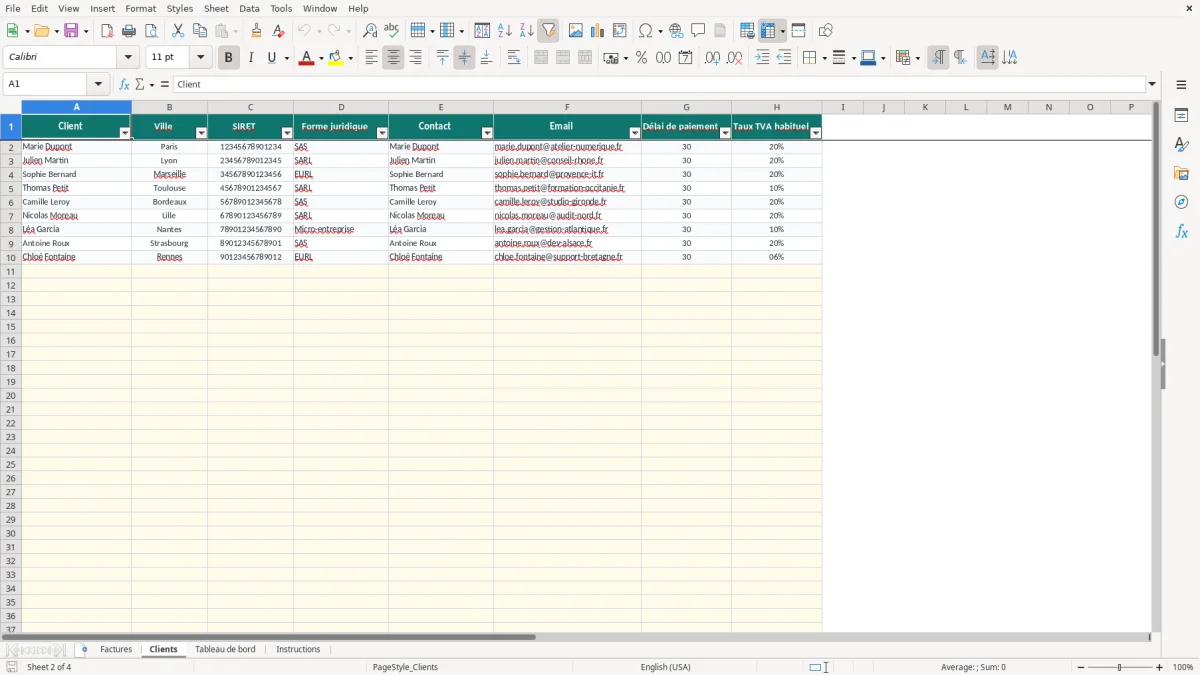 Capture 2 : onglet Clients - Modèle Excel modèle excel suivi facturation