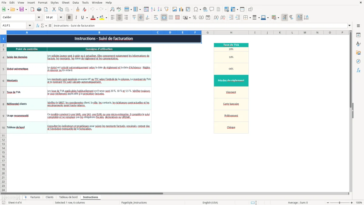 Capture 4 : onglet Instructions - Modèle Excel modèle excel suivi facturation