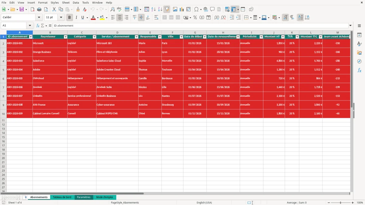 Capture 1 : onglet Abonnements - Modèle Excel planning de renouvellement des abonnements excel 2026