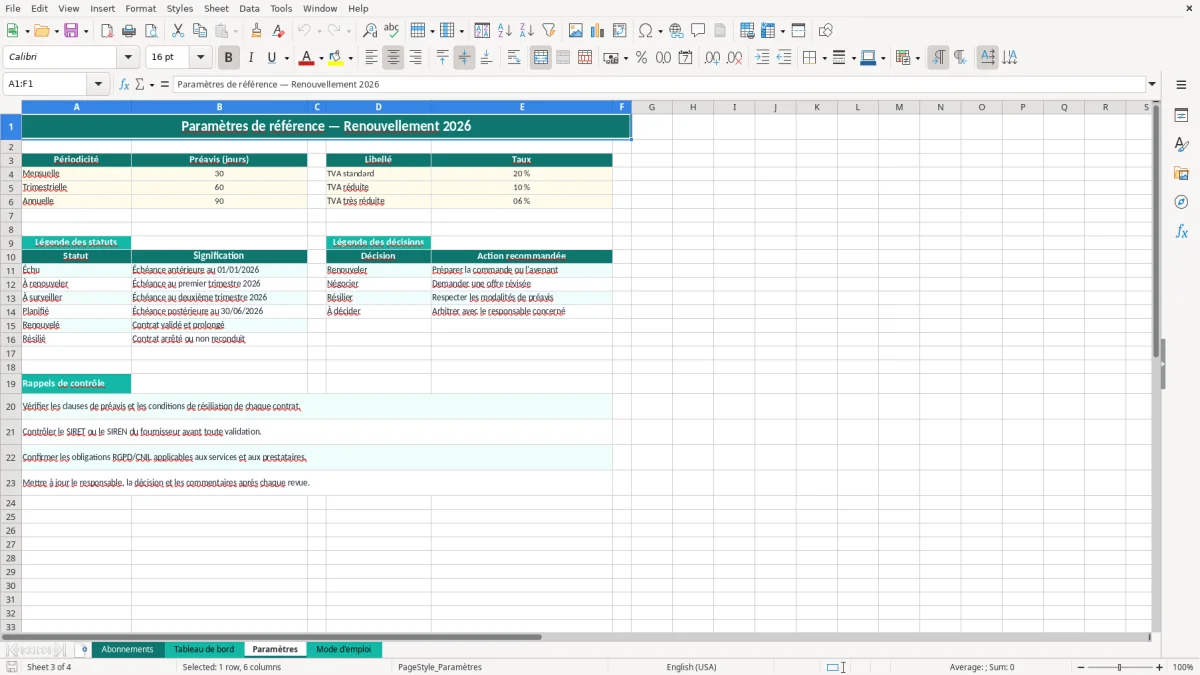 Capture 3 : onglet Paramètres - Modèle Excel planning de renouvellement des abonnements excel 2026