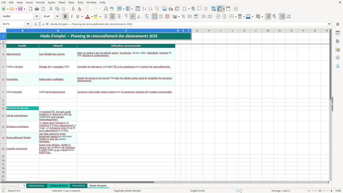 Capture 4 : onglet Mode d'emploi - Modèle Excel planning de renouvellement des abonnements excel 2026