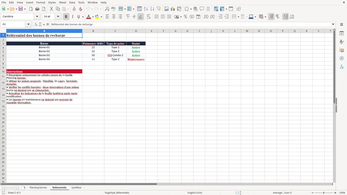 Capture 2 : onglet Referentiels - Modèle Excel planning d’occupation des bornes de recharge Excel