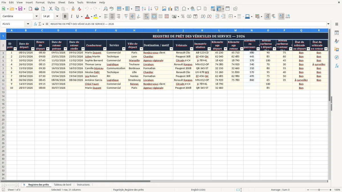 Capture 1 : onglet Registre des prêts - Modèle Excel registre de prêt des véhicules de service Excel