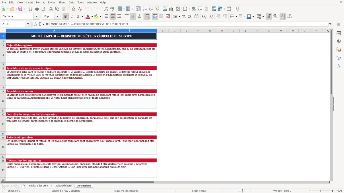 Capture 3 : onglet Instructions - Modèle Excel registre de prêt des véhicules de service Excel