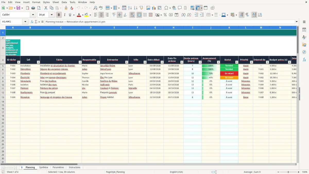 Capture 1 : onglet Planning - Modèle Excel modèle excel planning travaux
