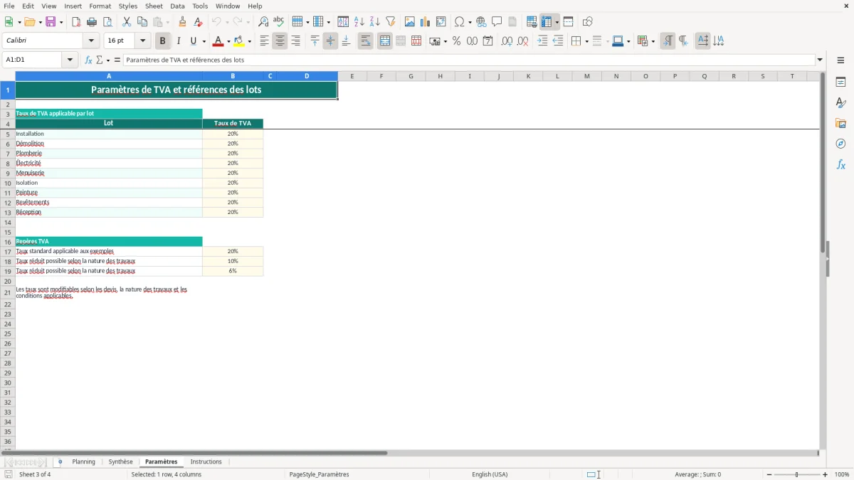Capture 3 : onglet Paramètres - Modèle Excel modèle excel planning travaux