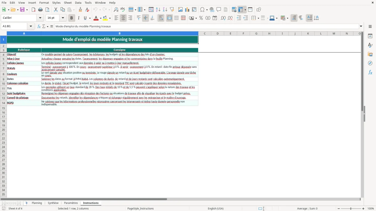 Capture 4 : onglet Instructions - Modèle Excel modèle excel planning travaux