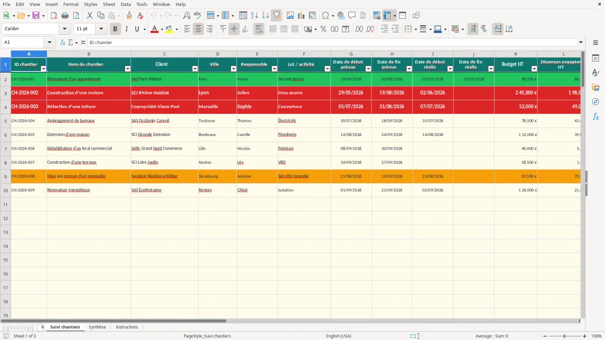 Capture 1 : onglet Suivi chantiers - Modèle Excel modele excel suivi de chantier