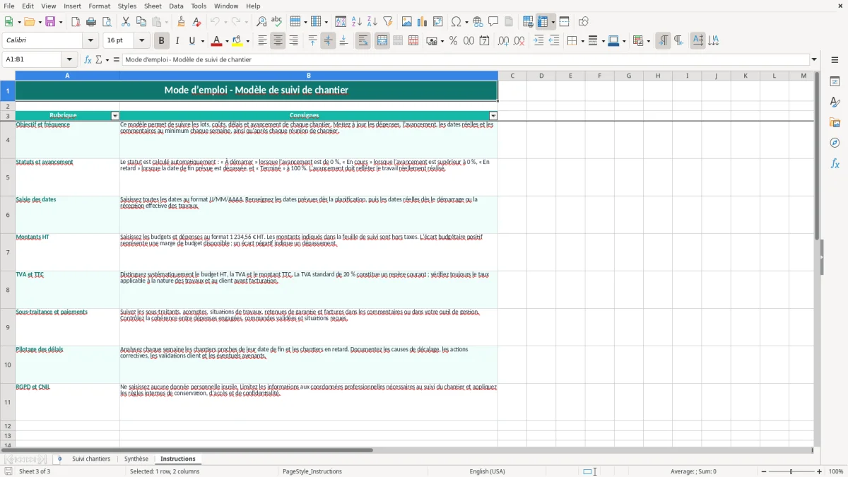 Capture 3 : onglet Instructions - Modèle Excel modele excel suivi de chantier