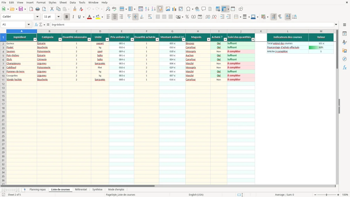Capture 2 : onglet Liste de courses - Modèle Excel planning repas semaine Excel
