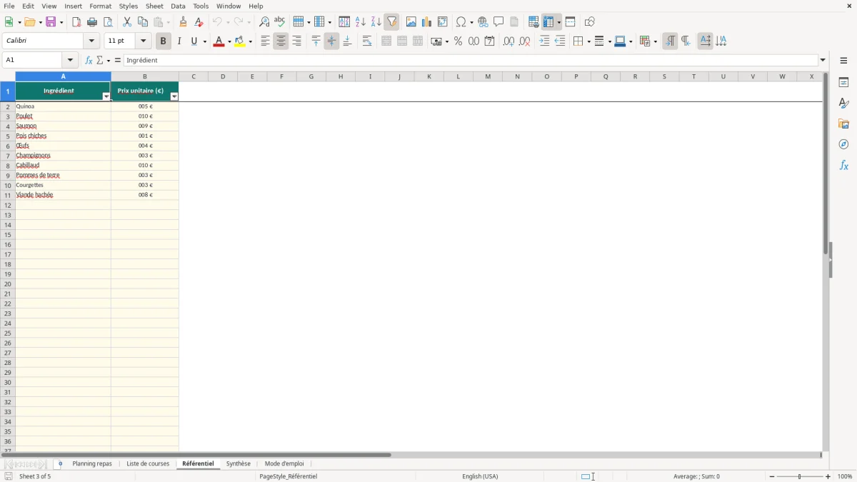 Capture 3 : onglet Référentiel - Modèle Excel planning repas semaine Excel