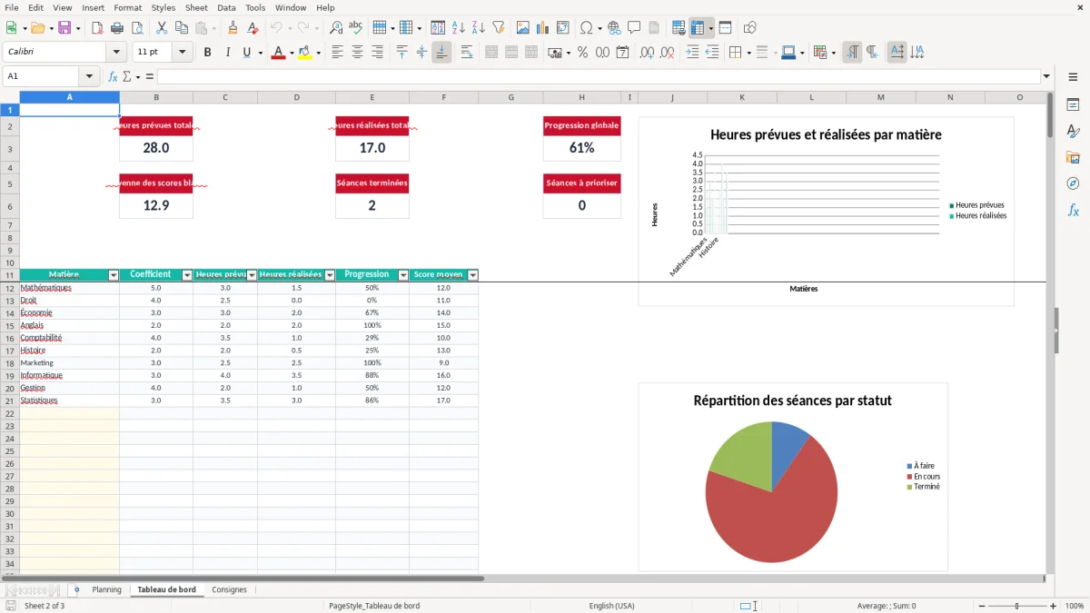 Capture 1 : onglet Planning - Modèle Excel planning révisions examens Excel