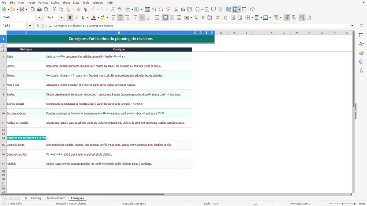 Capture 2 : onglet Tableau de bord - Modèle Excel planning révisions examens Excel