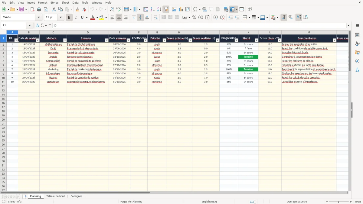 Capture 3 : onglet Consignes - Modèle Excel planning révisions examens Excel