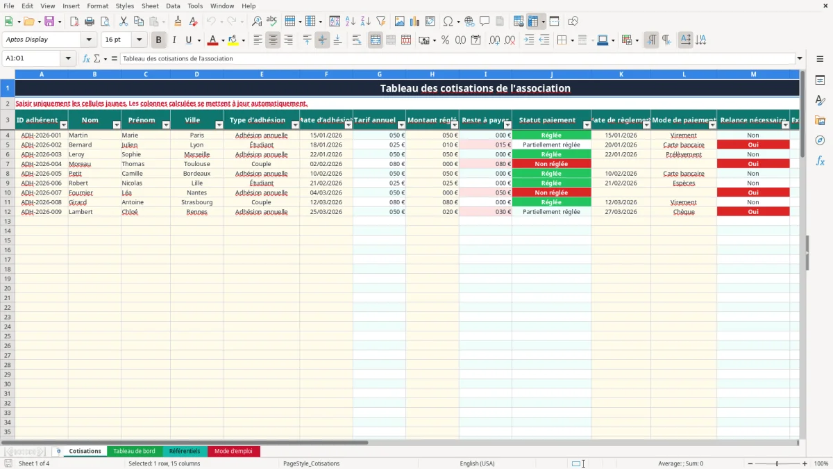 Capture 1 : onglet Cotisations - Modèle Excel tableau Excel cotisations association