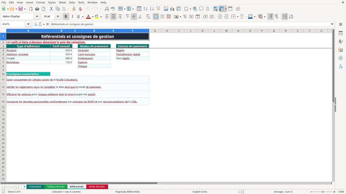 Capture 3 : onglet Référentiels - Modèle Excel tableau Excel cotisations association