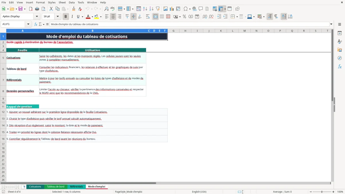 Capture 4 : onglet Mode d'emploi - Modèle Excel tableau Excel cotisations association