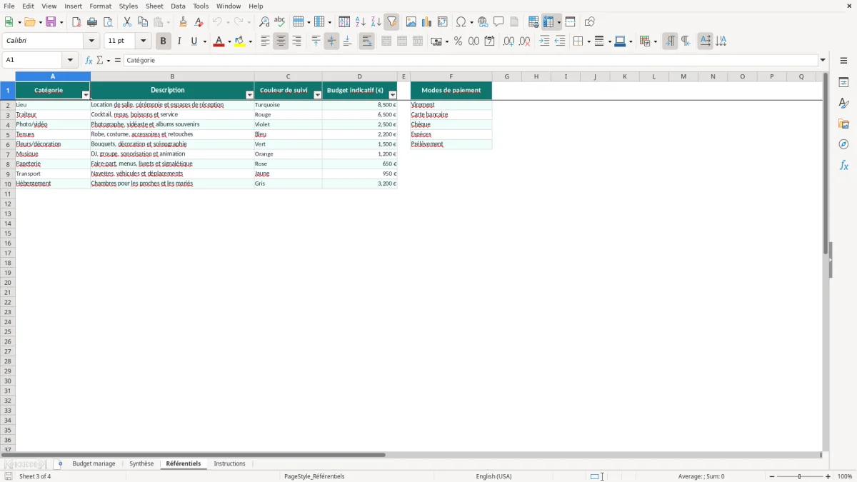 Capture 3 : onglet Référentiels - Modèle Excel tableau budget mariage Excel