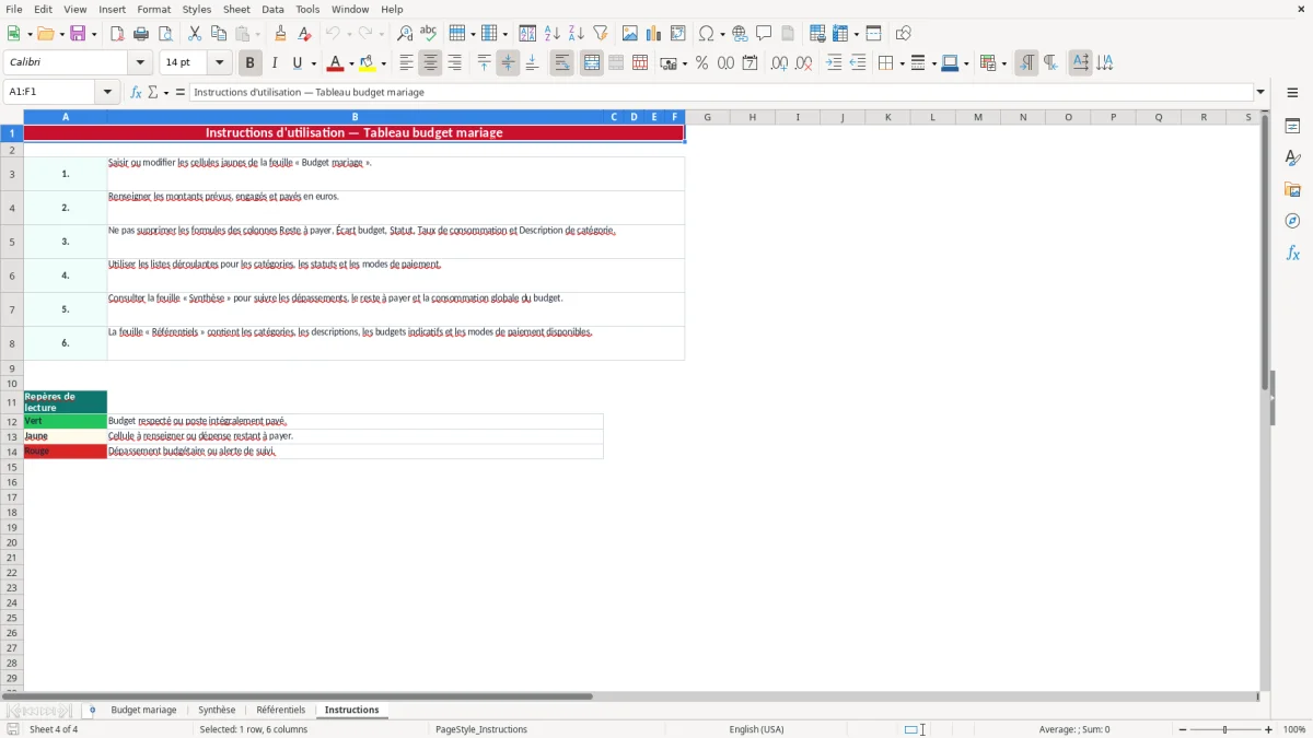 Capture 4 : onglet Instructions - Modèle Excel tableau budget mariage Excel