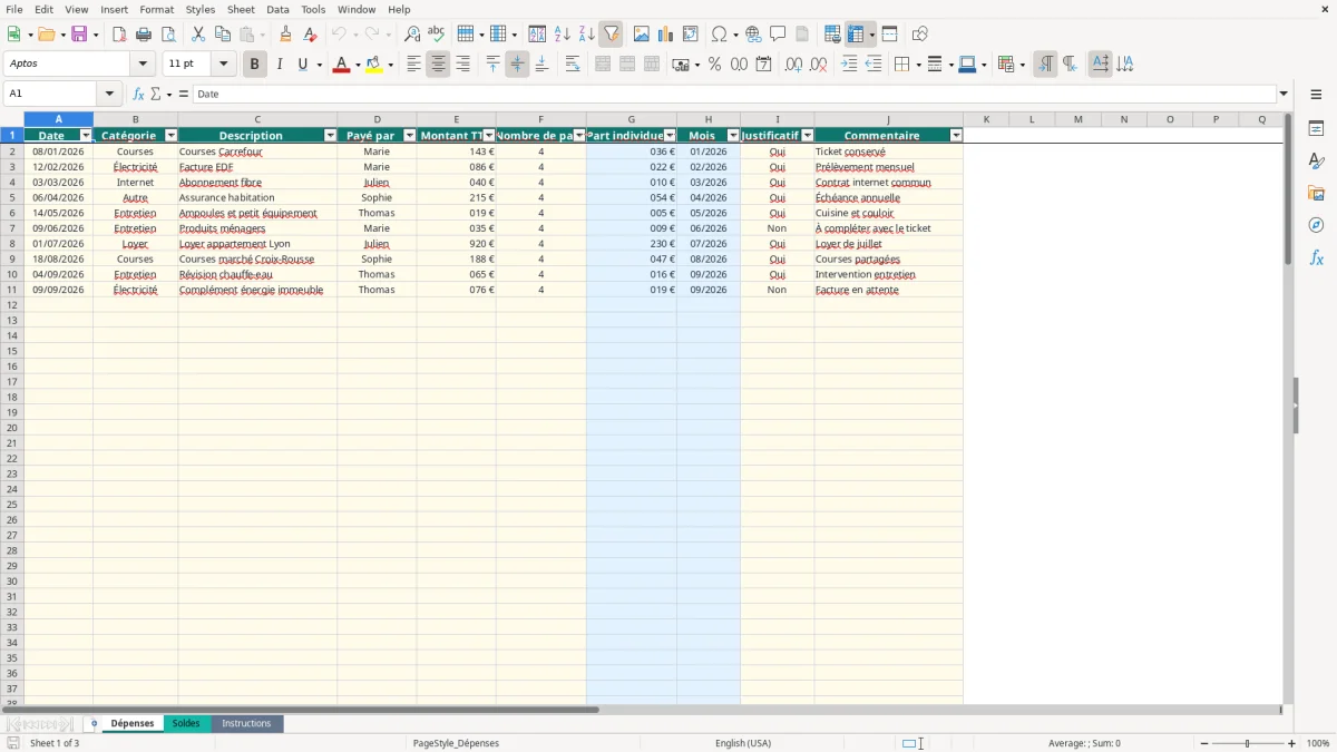 Capture 1 : onglet Dépenses - Modèle Excel tableau dépenses partagées colocation Excel