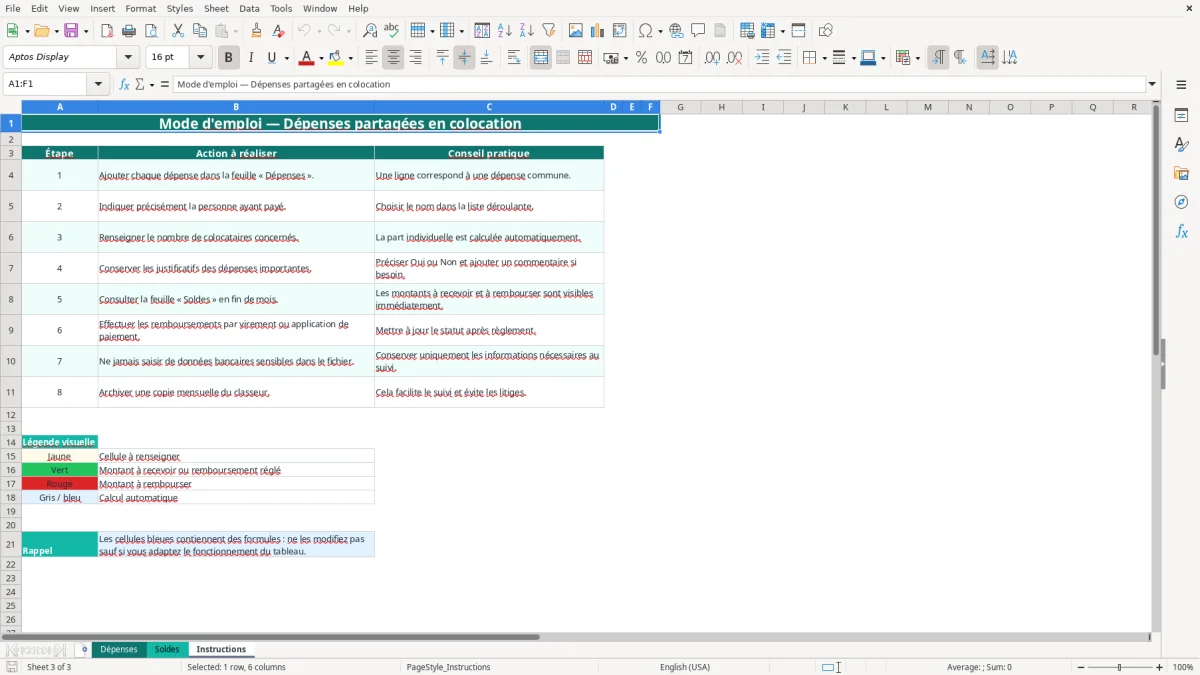 Capture 3 : onglet Instructions - Modèle Excel tableau dépenses partagées colocation Excel