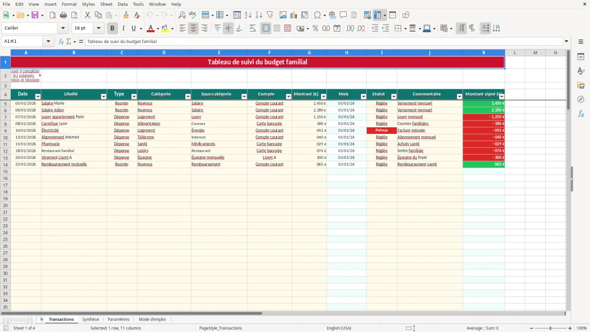 Capture 1 : onglet Transactions - Modèle Excel tableau excel budget familial gratuit
