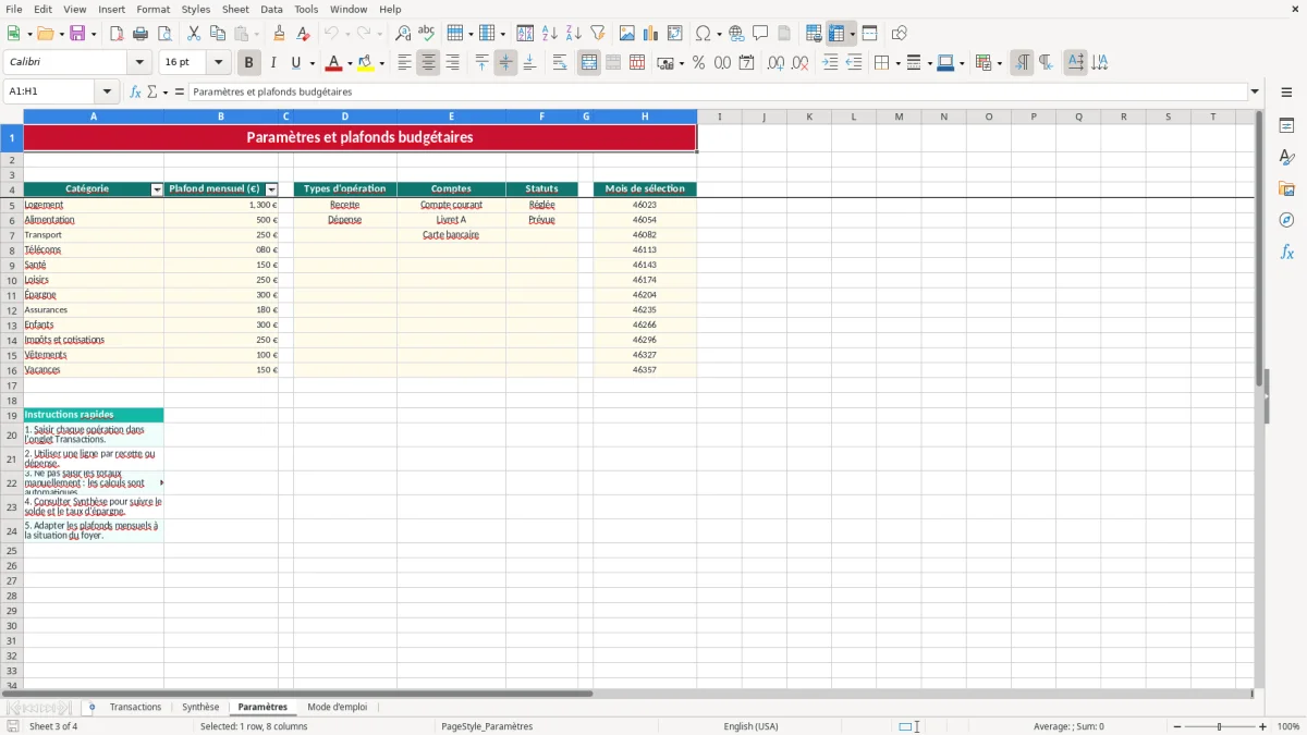 Capture 3 : onglet Paramètres - Modèle Excel tableau excel budget familial gratuit