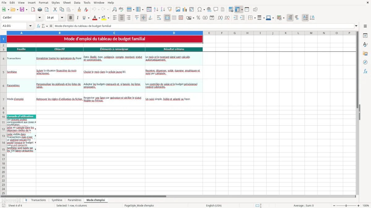 Capture 4 : onglet Mode d'emploi - Modèle Excel tableau excel budget familial gratuit